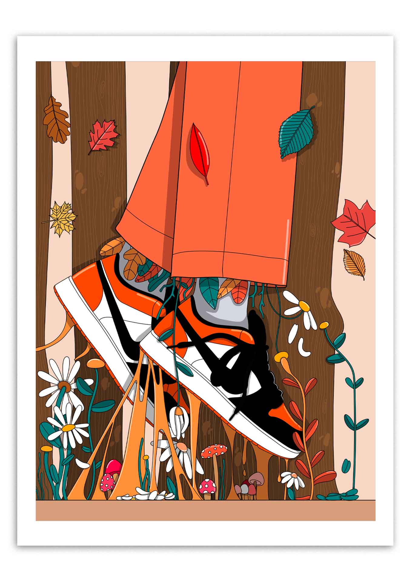 Affiche Air d'automne 30x40 cm, basket colorée dans un sous-bois fleuri avec champignons - Chez Didine