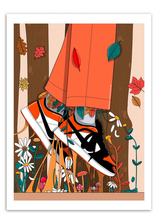 Affiche Air d'automne 30x40 cm, basket colorée dans un sous-bois fleuri avec champignons - Chez Didine