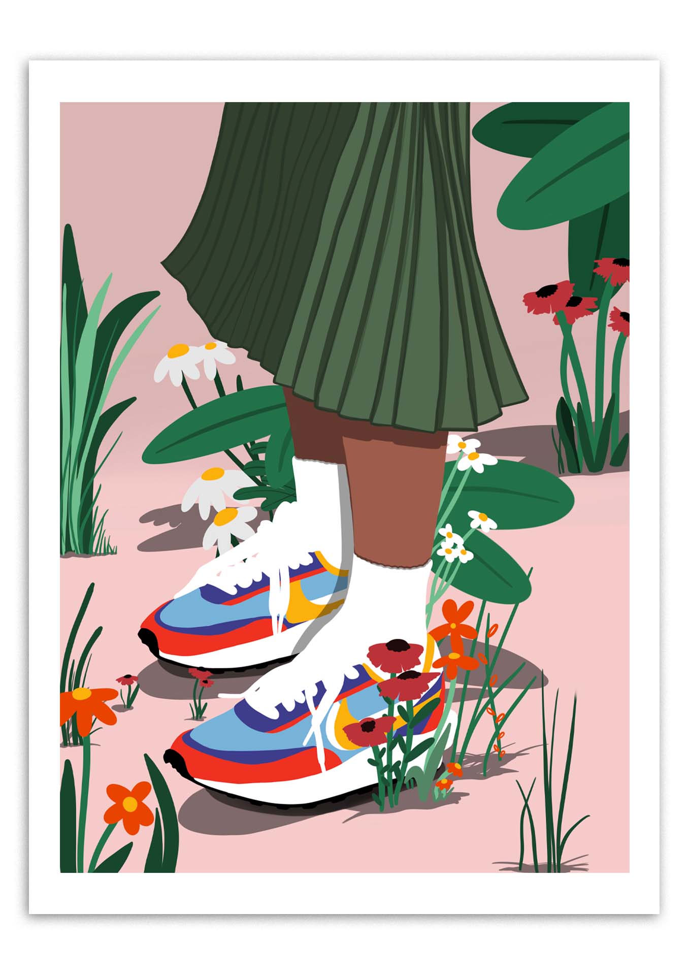 Affiche illustrée Floral Footprints 30x40 cm, sneakers fleuries sur fond rose poudré - Chez Didine