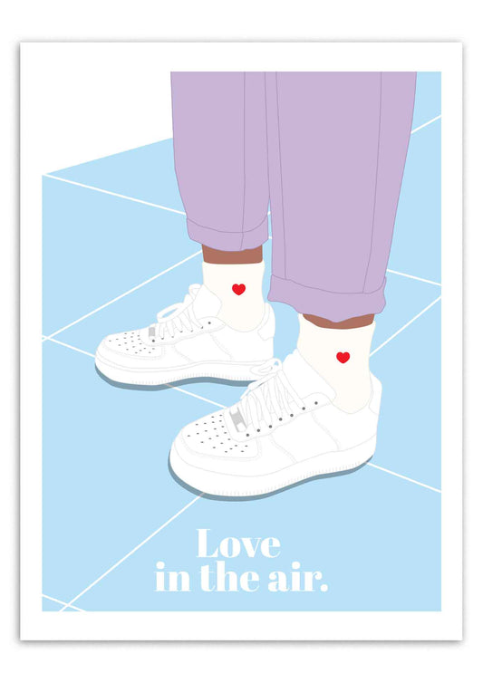Affiche Love in the air 30x40 cm, sneakers blanches à cœur rouge sur fond bleu - Chez Didine