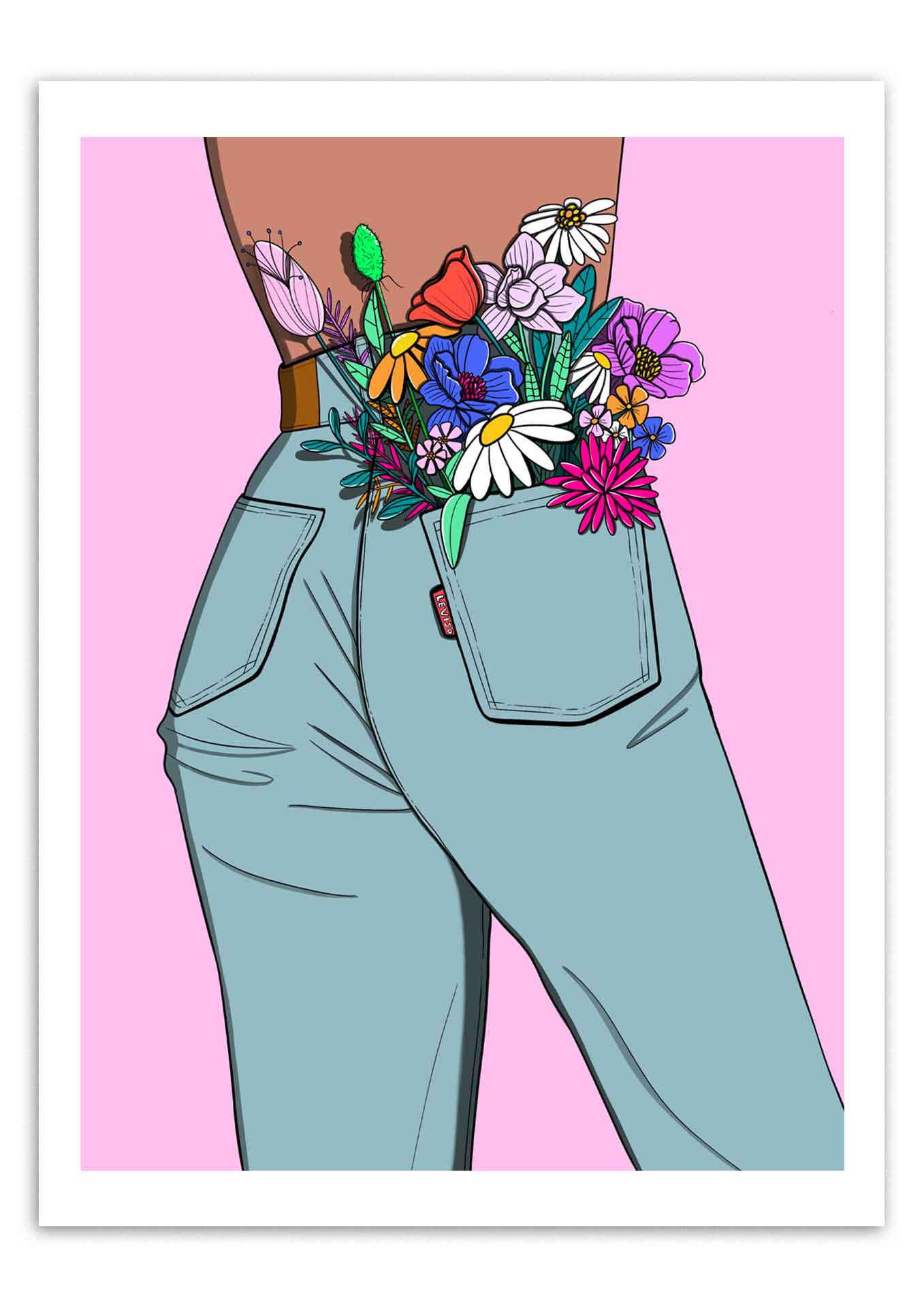 Affiche Flower in my pocket encadrée noir, posée au sol avec des fleurs séchées