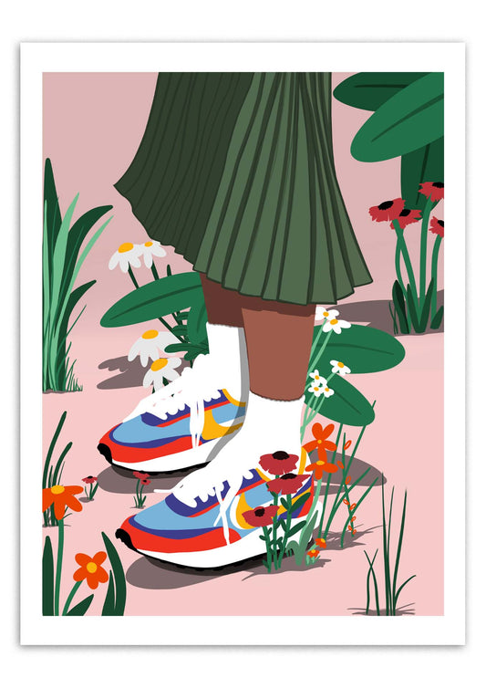 Affiche flower at my feet aux formats 30 par 40 cm. Originale et créative. Des couleurs vives et contrastées qui mettent une jolie paire de sneakers