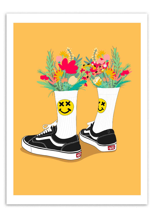 Affiche sneakers en fleurs. Une illustration imprimée sur un papier de qualité aux formats 30x40 cm, 21x9,7 cm, 40x59,7 cm. Papier en 200 grammes.